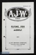A.J.W. Motor Cycles 1931 Sales Catalogue. A period 4 page Sales Catalogue, illustrating three