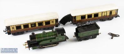 Bing O Gauge Great Western Loco and Tender with 2 GWR Coaches loco numbered 3410 with key, coaches