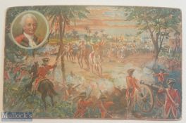 India - c1900s original colour litho postcard showing scenes of the battle of Plassey fought between