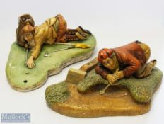 2 Naturecraft England Painted Stoneware Golfing Figures titled Bunkered and Golfer, largest 27cm