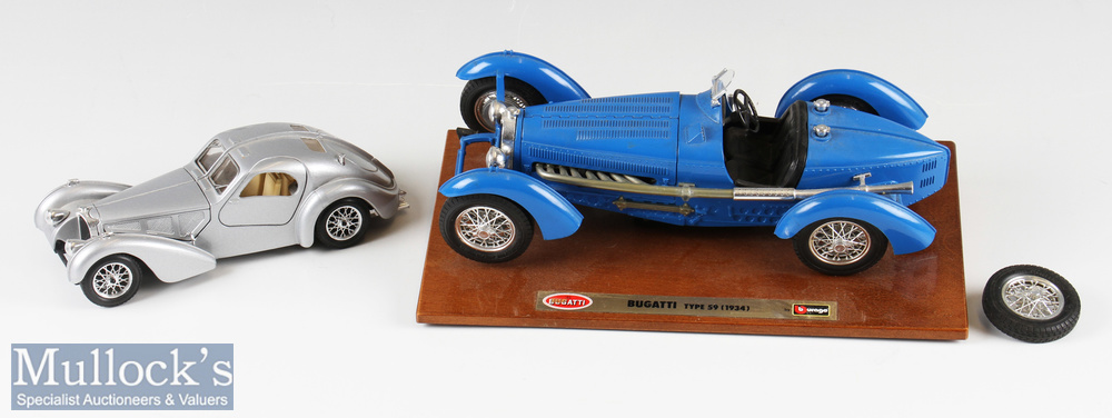 Burago Bugatti Type 59 (1934) 1/18 scale diecast model car in blue screwed to wooden base, broken