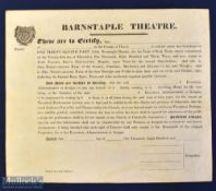 Barnstable Theatre, Devon 1833 Certificate for one share, un-issued, also stating holder entitled to