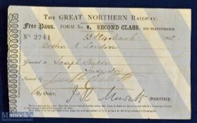 The Great Northern Railway “Free Pass”. 1852 Early Paper Ticket for a 2nd Class Free Pass from