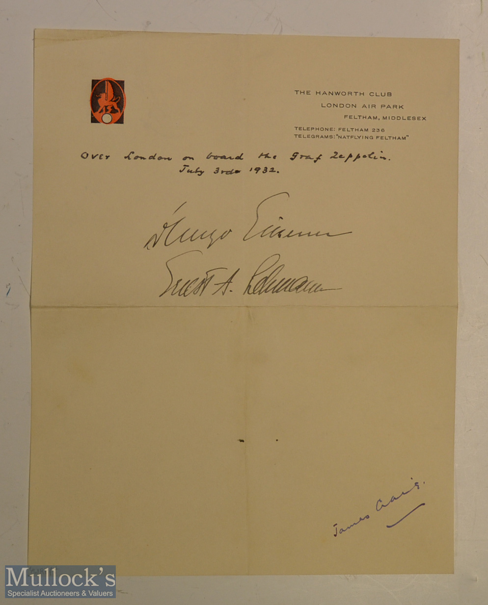 Capt. Ernst A. Lehmann Signed Note – inscribed ‘Over London on board the Graf Zeppelin July 3rd
