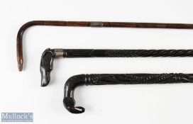 2 Ebony Carved Animal Head Walking Sticks one with dog head and silver collar, the other with