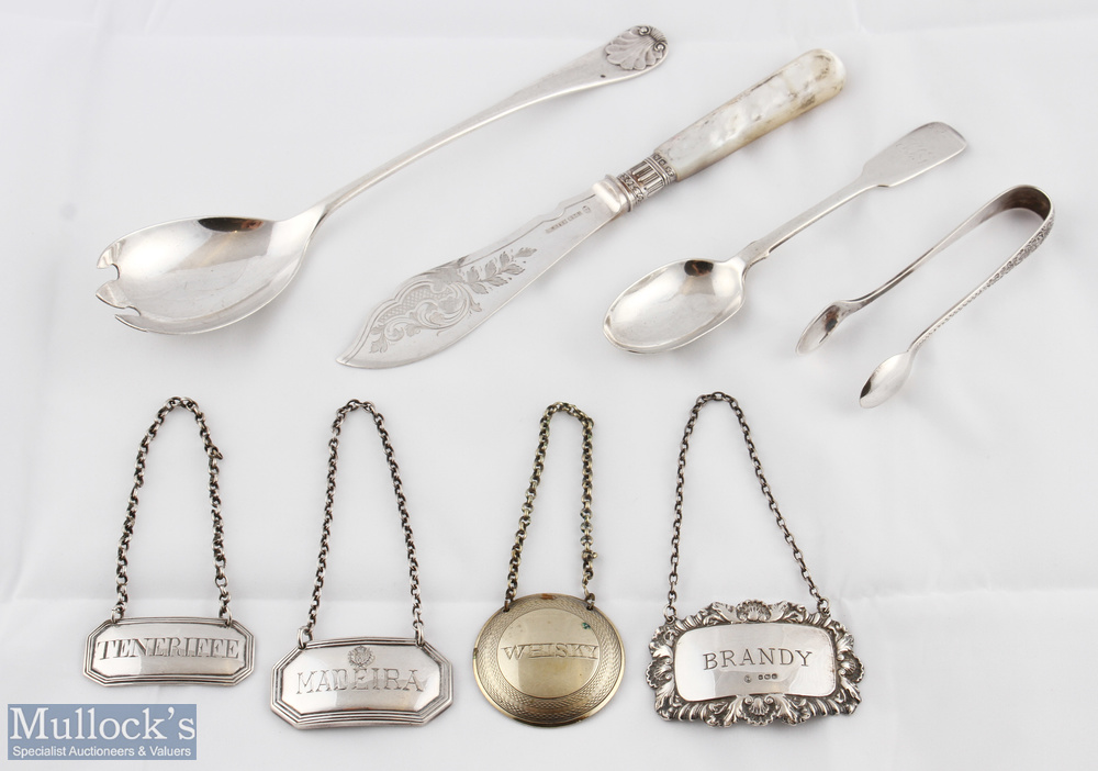 Assorted Silver and White Metal Items hallmarked items incl shell handled server, spoon, sugar tongs