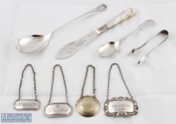 Assorted Silver and White Metal Items hallmarked items incl shell handled server, spoon, sugar tongs