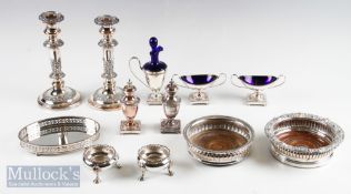 Selection of Silver Plate on Copper Items incl pair of candle sticks, one a/f, 2 wine coasters, 1
