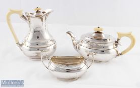1930s Viners Hallmarked Silver Part Tea Set incl tea pot, water pot and twin handled sugar bowl, tea