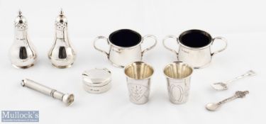 Mixed Hallmarked Silver Selection (7) incl 2x twin handled salt cellars with blue glass liners and