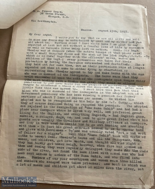 Rare early typed military accounts of the Indian mutiny from British officer. 4 pages – consists - Image 2 of 2