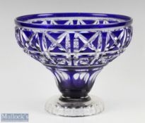 Vintage Blue Flash Cut Glass bowl with flared shaped bowl on clear foot, height 18cm