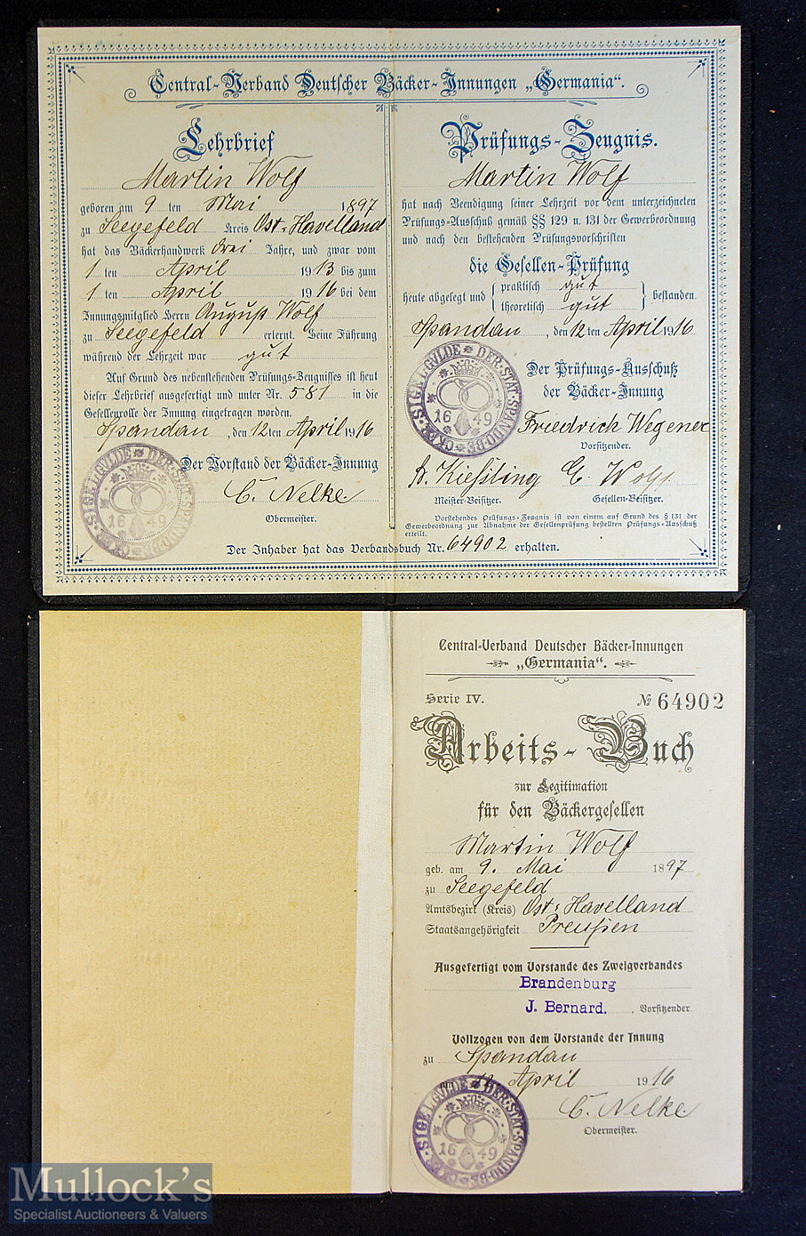 German Baker’s Apprenticeship Booklets relating to Martin Wolf ‘Germania Lehr Brief’ plus ‘Arbeits