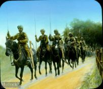 India – WWI c1914 original coloured glass slide showing mounted Sikh lancers in France