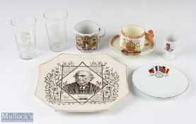 Commemorative Ceramics and Glass Selection (8) incl Victorian William Gladstone plate, Peace 1919