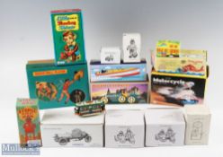 Selection of Modern Chinese and Japanese Tin Plate Toys Bugatti T-35 Racer, speedboat, motorcycle,