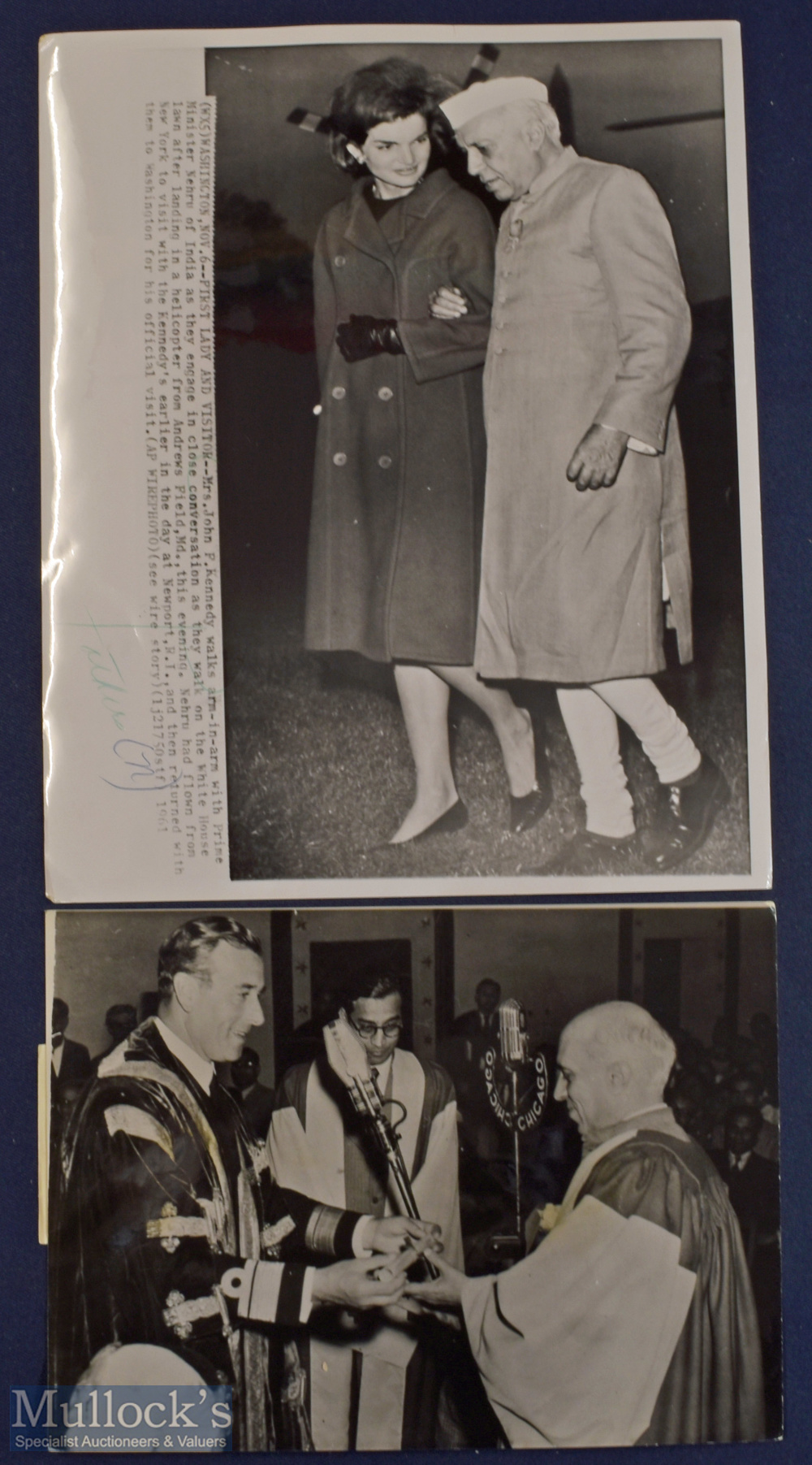 Indian Leader Jawaharlal Nehru Press Photograph depicting with Mrs John F Kennedy, notes to front,