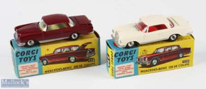 2 Corgi Toys 230 Mercedes Benz 220 SE Coupe Diecast Cars one in maroon with yellow interior, the