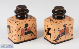Pair of Early 20th century Ceramic Tea Caddies with Ancient Greek Style Decoration with figural