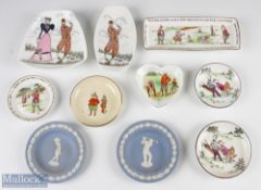 Selection of Golfing Ceramic Dishes (10) incl 2 Wedgwood Jasperware, 2 Crown Staffordshire dishes in