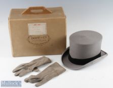 G A Dunn & Co Grey Top Hat in original box with pair of matching style gloves, some light rubbing