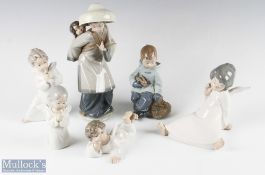 5 Lladro Assorted Ceramic Figures incl 4 angel figures, tallest 27cm, together with a Nao seated boy