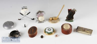 Selection of Golfing Interest Items incl Penfold golf ball topped leather box, enamel topped brass