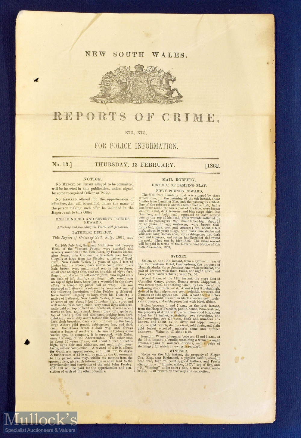 Australia - New South Wales - Reports Of Crime 13 February, 1862 complete edition of two pages / one