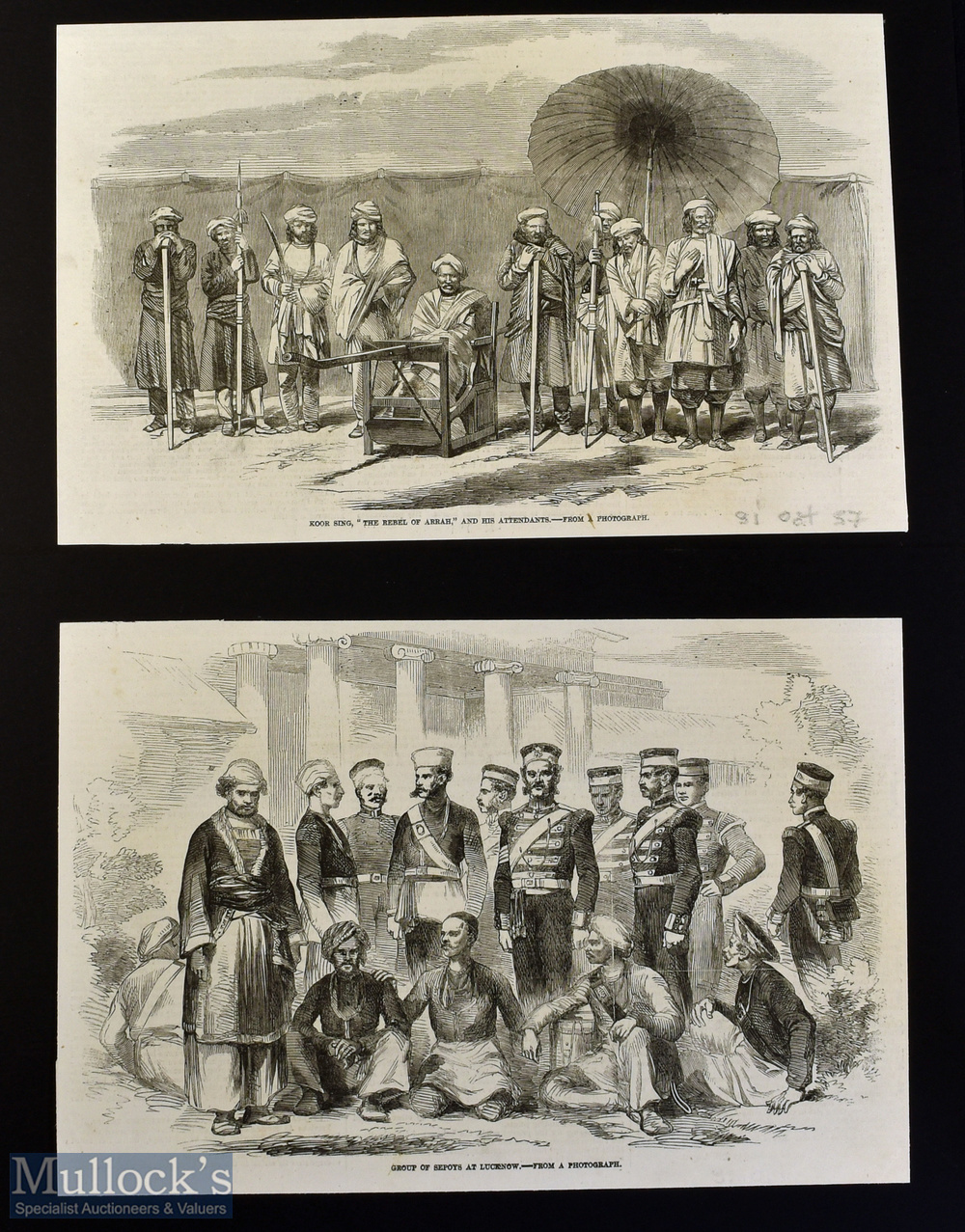 India - Arrah - Kor Sing 'The Rebel of Arrah' and his attendants original engraving 1857 laid to