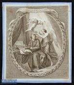 George Frederick Handel Engraving c1790s seated writing music with two angels surrounding,