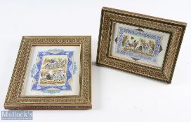 Asian Miniature Paintings featuring wonderful mosaic styled wooden frames both appear on ivory,
