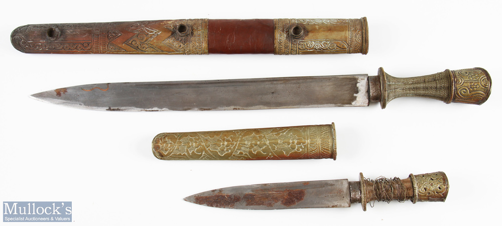 African Sword and Dagger – the Sword having a 34cm blade, tribal light metal pommel, wire wrapped