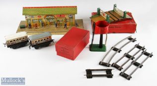 Hornby O Gauge Tin Plate Selection including water tank and level crossing, both boxed, station, 2
