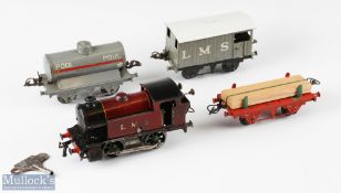 Hornby O Gauge LMS Tank Loco and Wagons Pool tanker wagon, plank truck and LMS break van, loco