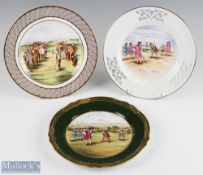 3 Spode Bone China Hand Painted Golfing Design Plates 2 showing 18th Century period scene, one