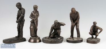 5 Cold Cast Bronze Resin Golfer Figures – one by Adonis, another with a putting figure label to base
