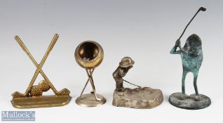 Golfing Related Items (4) incl bronze figure of a frog with golf club, cast white metal pin / soap
