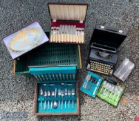 Selection of Assorted Cutlery incl cased canteen and boxed sets, with Silver Reed typewriter and