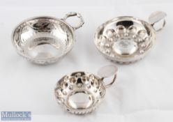 3 White Metal Wine Tasting Tastevin Cups – 2 having concave circle and repousse line design, one