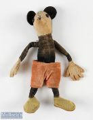 1930s Dean’s Rag Dolls Mickey Mouse with velvet body, overall wear and fading with whiskers missing