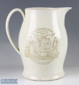 19th century Staffordshire Creamware The Farmers Arms Jug with farmers crest to body with banners