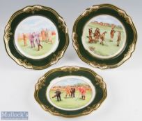 3 Spode Masterpieces Bone China Golfing Cabinet Plates one hand painted depicting 19th Century scene