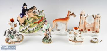 Selection of Staffordshire Flatback Ornaments incl house with pocket watch holder top, watch a/f,