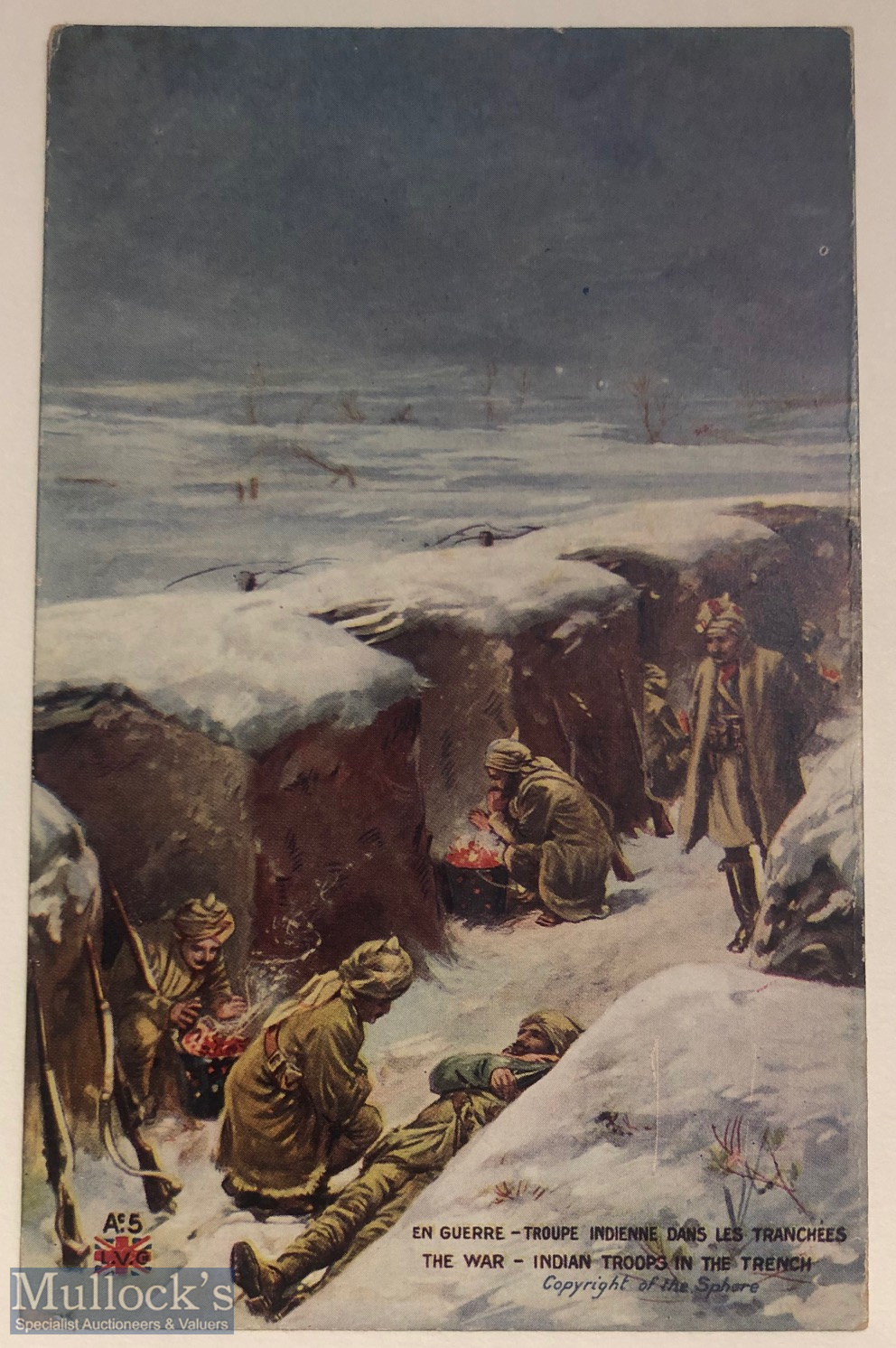 WWI Indian Military Postcard the Great War Indian troops freezing in the trenches. c1914