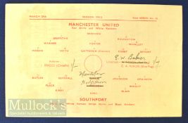 1941/42 War League North War Cup Manchester Utd v Southport 28 March at Maine Road, single sheet,