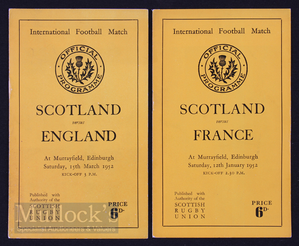 1952 Scottish Home Rugby Programmes (2): The issues v France and v England (team pics from 1892).
