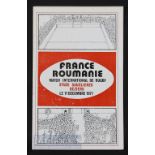 Very rare 1971 France v Romania Rugby Programme: Played at Beziers, amusing (if marked) cover and