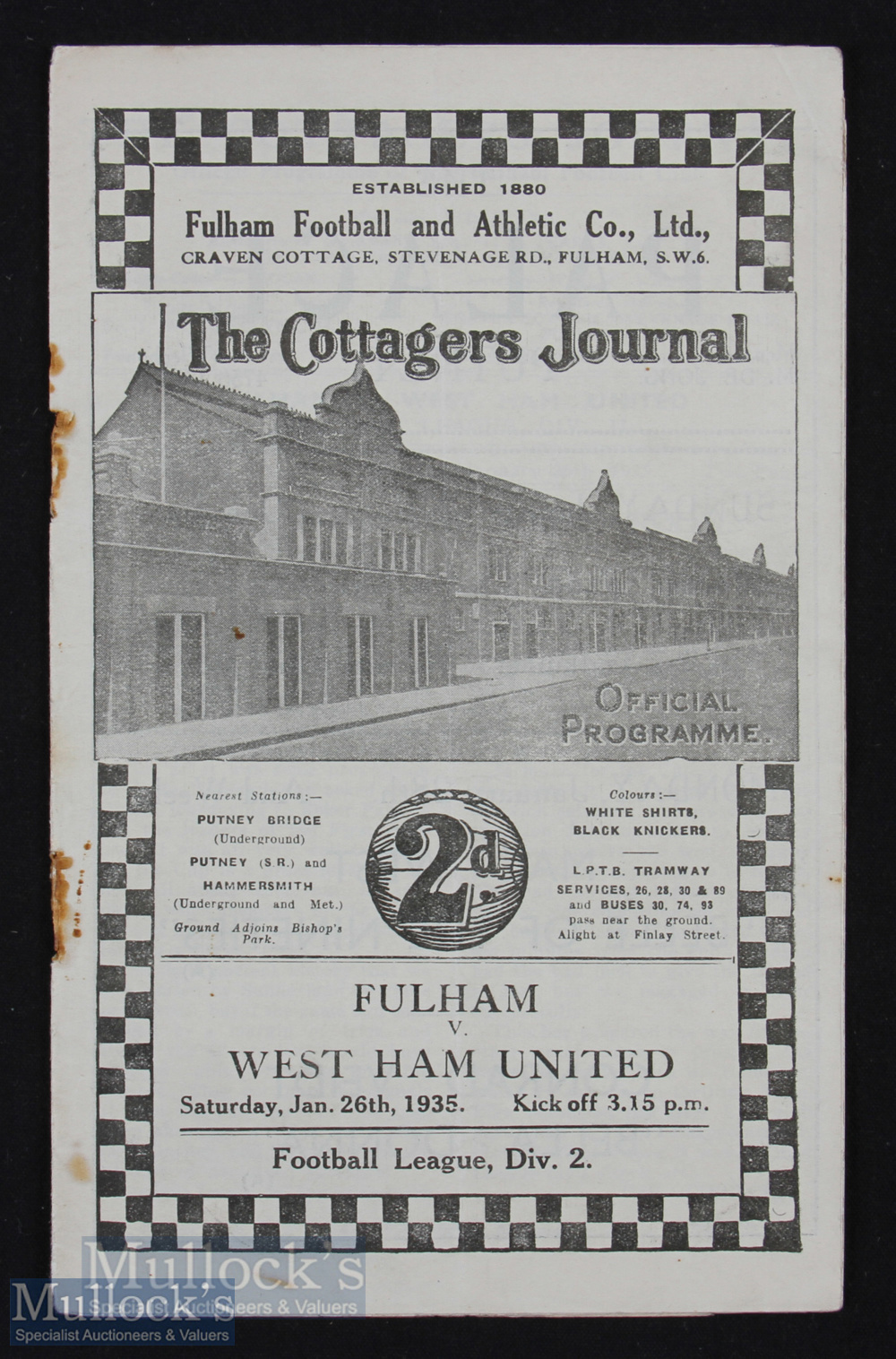 1934/35 Fulham v West Ham United Div 2 match programme 26 January; slight crease, heavy rust to