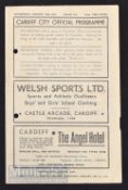 1946/47 Cardiff City v Reading Football Programme date 22nd January, holes punched, single sheet,