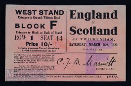 Rare 1922 England v Scotland Rugby Ticket: Large orange card 10/- stand ticket for Twickenham,